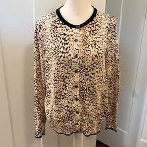 Lands End Womens Black Tan White Print Cardigan Sweater Size M Sophisticated